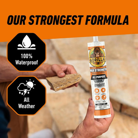 Gorilla Max Strength Construction Adhesive, Clear Glue, 9 Ounce Cartridge (Pack of 2) - Gap Filling and Waterproof