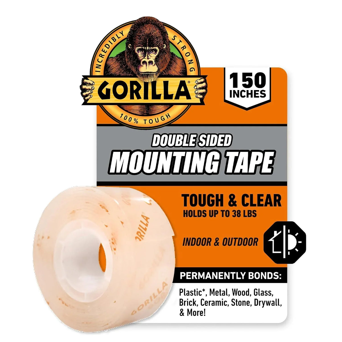 Gorilla Tough & Clear Double Sided Mounting Tape, Clear Tape, 1" x 150" (Pack of 12) - Weatherproof for Indoor or Outdoor