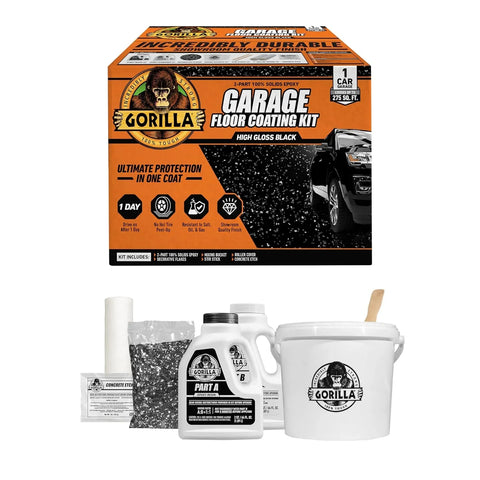 Gorilla Epoxy Garage Floor Coating (7 pc) Kit, 1-Car, Concrete Flooring, 100% Solids, Superior Adhesion, Incredibly Durable High Gloss Black Finish, 275 sq. ft. Coverage