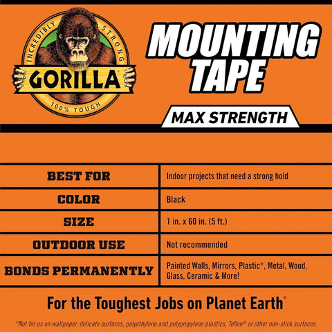 Gorilla Max Strength Mounting Tape, 1" x 60" (Pack of 1), Reinforced Mesh Backing, Holds up to 45 lbs, Double-Sided Tape with Instant Hold, Permanent Indoor Bond for Classroom and Study Space Setup