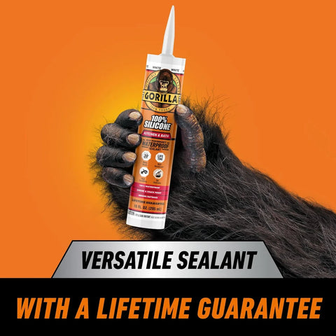 Gorilla 100% Silicone Caulk Kitchen & Bath Sealant, Mold Resistant, 10 oz. Cartridge, White