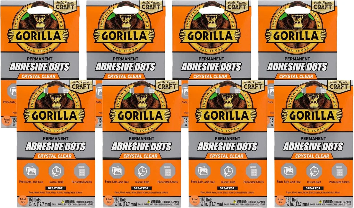 Gorilla Permanent Adhesive Dots, Double-Sided, Clear, 0.5" Diameter, 150 Pieces (Pack of 8) - No Mess, Photo Safe