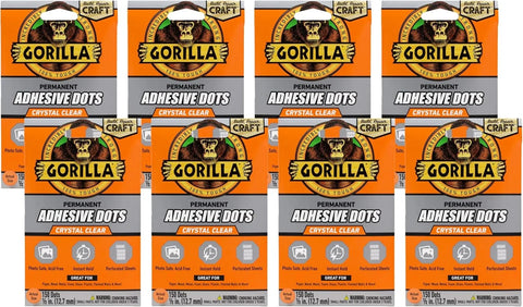 Gorilla Permanent Adhesive Dots, Double-Sided, Clear, 0.5" Diameter, 150 Pieces (Pack of 8) - No Mess, Photo Safe