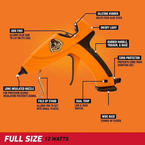 Gorilla Hot Glue Gun (Pack of 1) - Dual Temp Full Size Hot Glue Gun with Precision Nozzle, Easy Squeeze Trigger, and Enhanced Safety Features for DIY, Craft, Repairs, and More