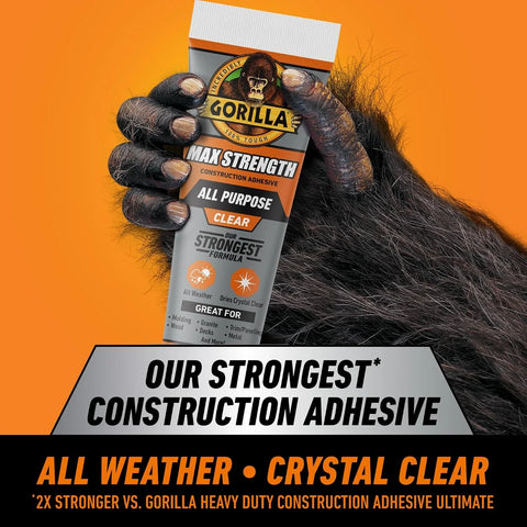 Gorilla Max Strength Construction Adhesive, 7 oz Squeeze Tube (Pack of 1), Clear, Waterproof Gap-Filling Formula for Wood Metal Tile Stone Glass Mirror Indoor Outdoor, Paintable Sandable