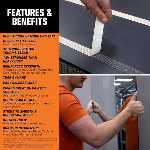 Gorilla Max Strength Mounting Tape, 1" x 60" (Pack of 1), Reinforced Mesh Backing, Holds up to 45 lbs, Double-Sided Tape with Instant Hold, Permanent Indoor Bond for Classroom and Study Space Setup