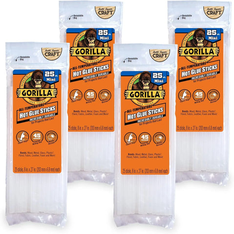 Gorilla Hot Glue Sticks, Clear Glue, Mini Size 8" Long x 0.27" Diameter, 25 Count (Pack of 4) - Safe for All Temperatures with Extended Working Time