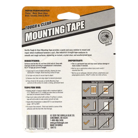 Gorilla Tough & Clear Double Sided Mounting Tape, Clear Tape, 1" x 150" - Weatherproof for Indoor or Outdoor | (Pack of 12)
