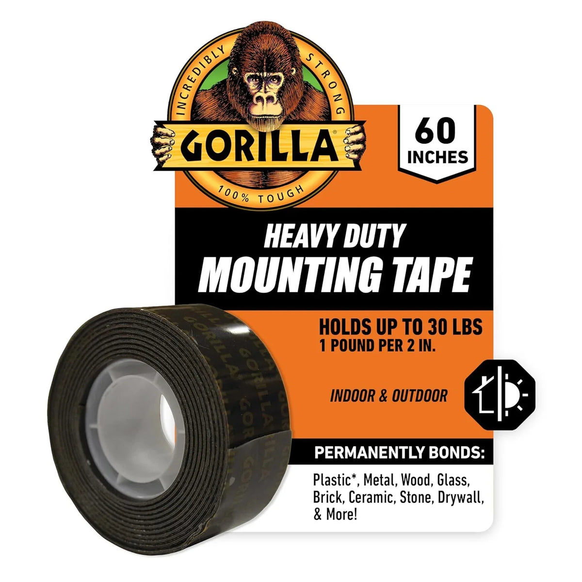 Gorilla - Heavy Duty Double Sided Mounting Tape, Weatherproof, 1" x 60", Black, (Pack of 12)