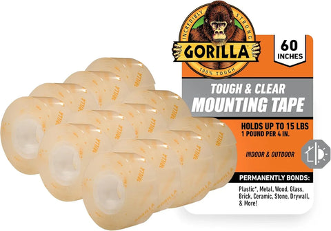 Gorilla Tough & Clear, Double Sided Mounting Tape, Weatherproof, 1" x 60", Clear, (Pack of 12)