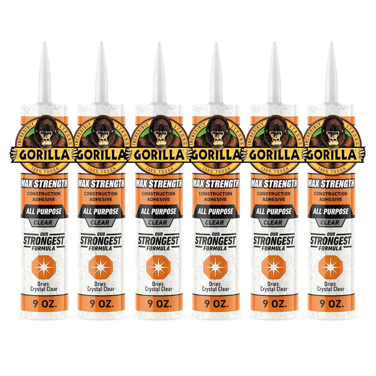 Gorilla Max Strength Clear Construction Adhesive, 9 Ounce Cartridge, Clear, (Pack of 6)