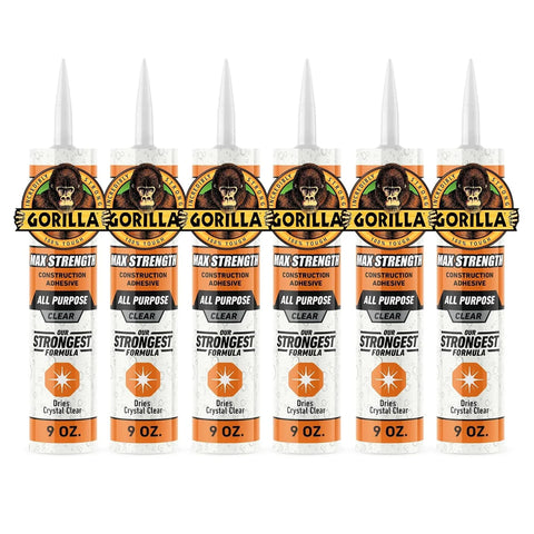 Gorilla Max Strength Clear Construction Adhesive, 9 Ounce Cartridge, Clear, (Pack of 6)