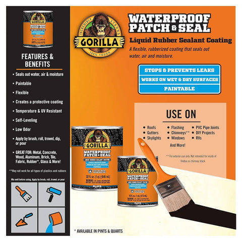Gorilla Patch & Seal Liquid Rubber Waterproof Sealant, Black, 32 Ounce (Pack of 6) - Seals Out Water, Air, and Moisture