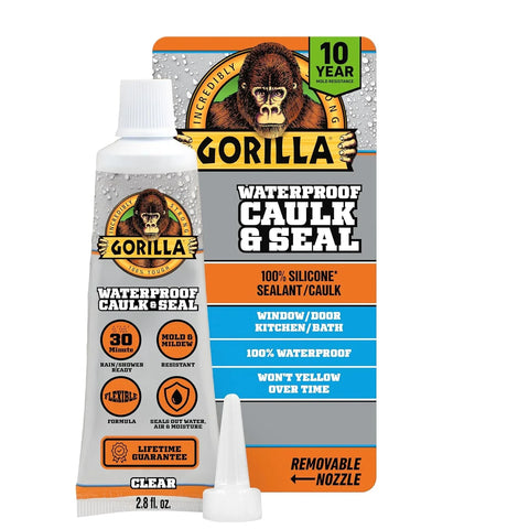Gorilla 100% Silicone Caulk, Waterproof Sealant, 2.8oz Squeeze Tube (Pack of 1) – Clear -10 Year Mold Resistant Kitchen, Window, Bath, Marine, Door and More