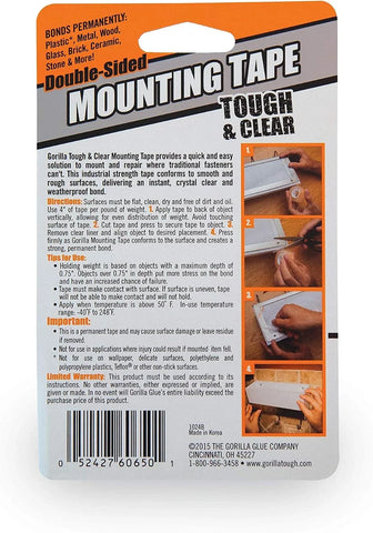 Gorilla Tough & Clear; Double Sided Mounting Tape; Weatherproof; 1" x 60"; Clear; (Pack of 11)