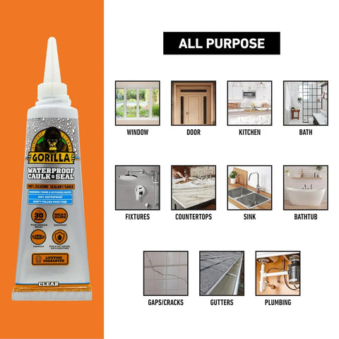 Gorilla 100% Silicone Caulk, Waterproof Sealant, 2.8oz Squeeze Tube (Pack of 2) – Clear -10 Year Mold Resistant Kitchen, Window, Bath, Marine, Door and More