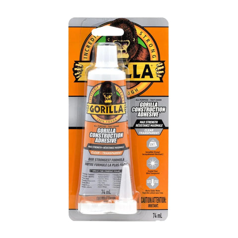 Gorilla Max Strength Construction Adhesive, 2.5 oz (Pack of 1), Clear, Waterproof for Quick Fixes Touch Ups, Bonds Wood Metal Glass Tile Stone Drywall, Indoor Outdoor Gap-Filling Paintable