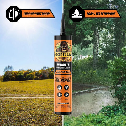 Gorilla Heavy Duty Construction Adhesive Ultimate, 9 oz Cartridge, White – 100% Waterproof, Instant Grab, Paintable, Indoor/Outdoor
