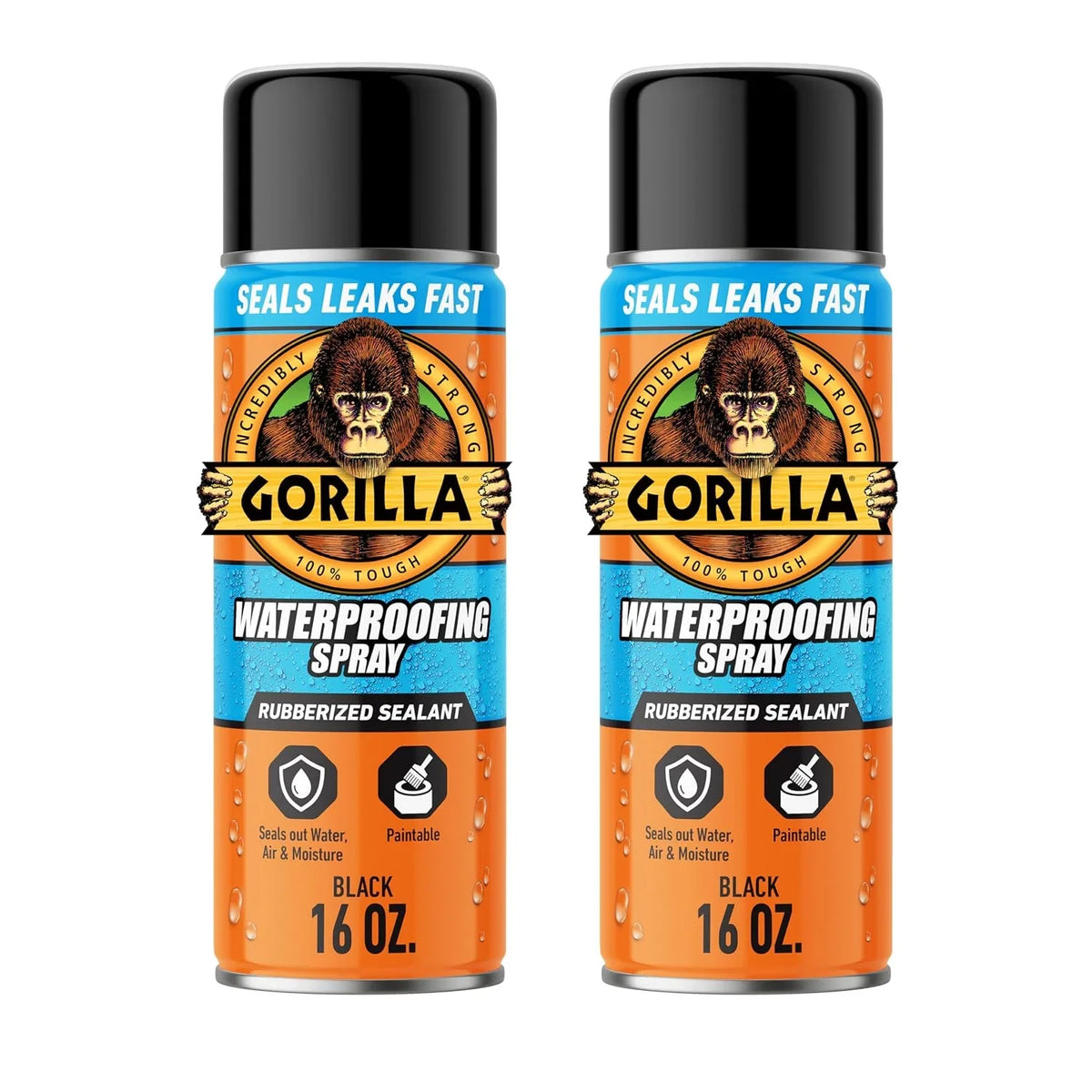 Gorilla Waterproofing Spray Black, Flexible Rubberized Sealant Coating, Paintable UV Resistant, Seals Water Air Moisture, 16 oz (Pack of 2), for Roofs Gutters Skylights RVs Windows & More