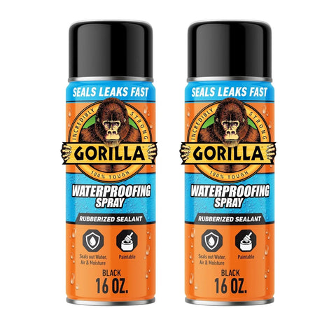 Gorilla Waterproofing Spray Black, Flexible Rubberized Sealant Coating, Paintable UV Resistant, Seals Water Air Moisture, 16 oz (Pack of 2), for Roofs Gutters Skylights RVs Windows & More