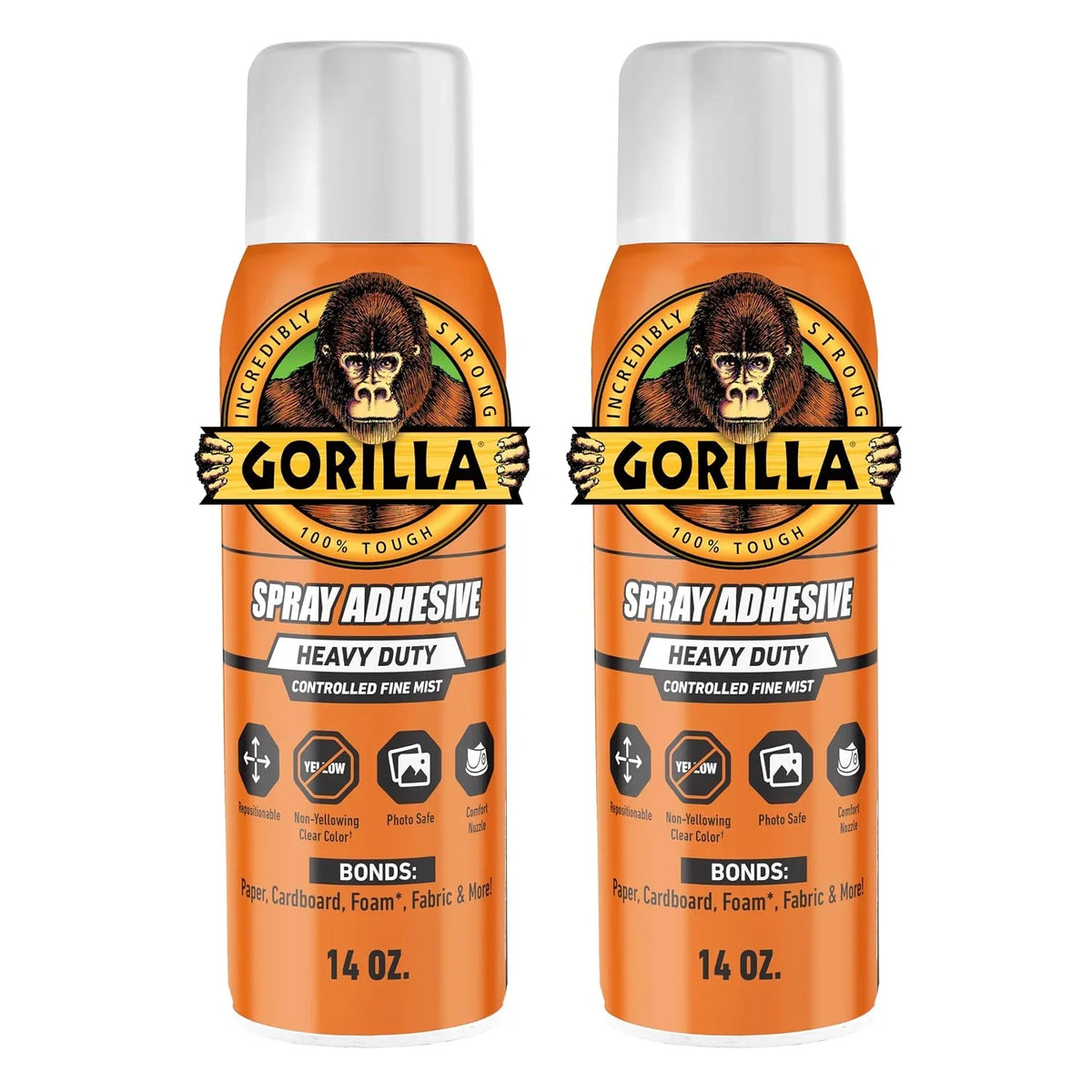 Gorilla Heavy Duty Spray Adhesive, Multi Purpose & Repositionable, Clear, 14 oz (Pack of 2) Bonds Paper, Cardboard, Foam, Fabric, Photo Safe, Non-Yellowing, Indoor & Outdoor
