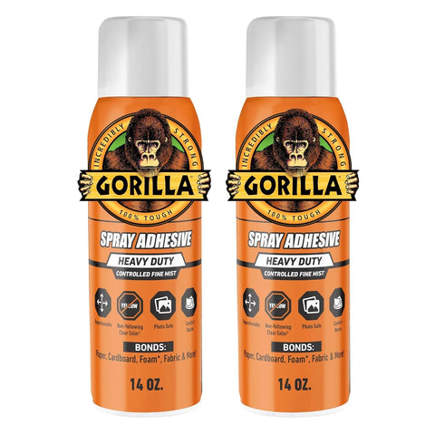 Gorilla Heavy Duty Spray Adhesive, Multi Purpose & Repositionable, Clear, 14 oz (Pack of 2) Bonds Paper, Cardboard, Foam, Fabric, Photo Safe, Non-Yellowing, Indoor & Outdoor