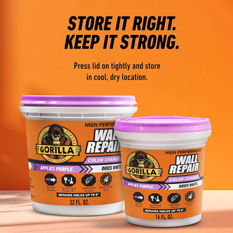 Gorilla High Performance Wall Repair Color Change, 16 Ounce Tub, Applies Purple, Dries White – Spackling & Primer in One, Shrink & Crack Resistant